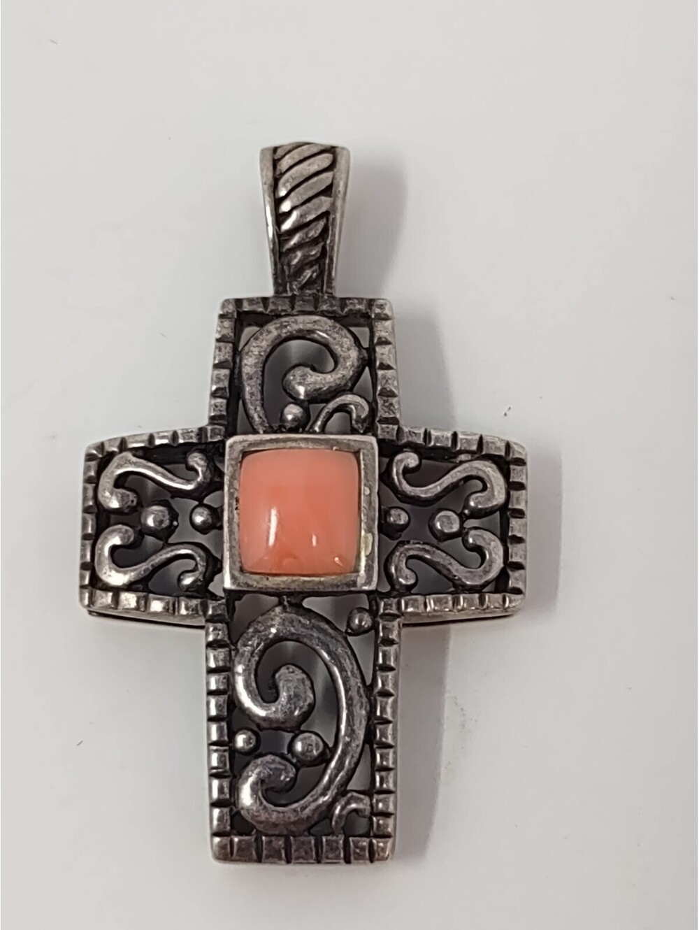 Thai Sterling Silver Cross Pendant Pink Cabochon NF 925